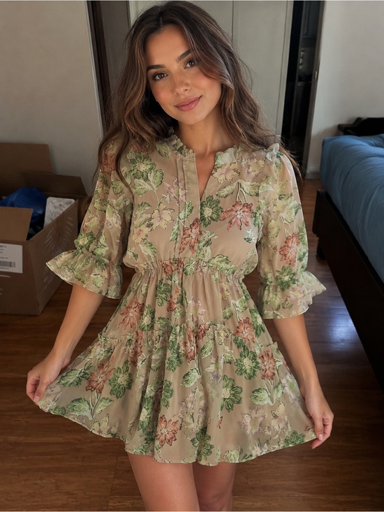 Princess Polly Dresses & Skirts - Princess Polly Beige Floral Ruffle Tiered Midi Dress with Green and Blush Print